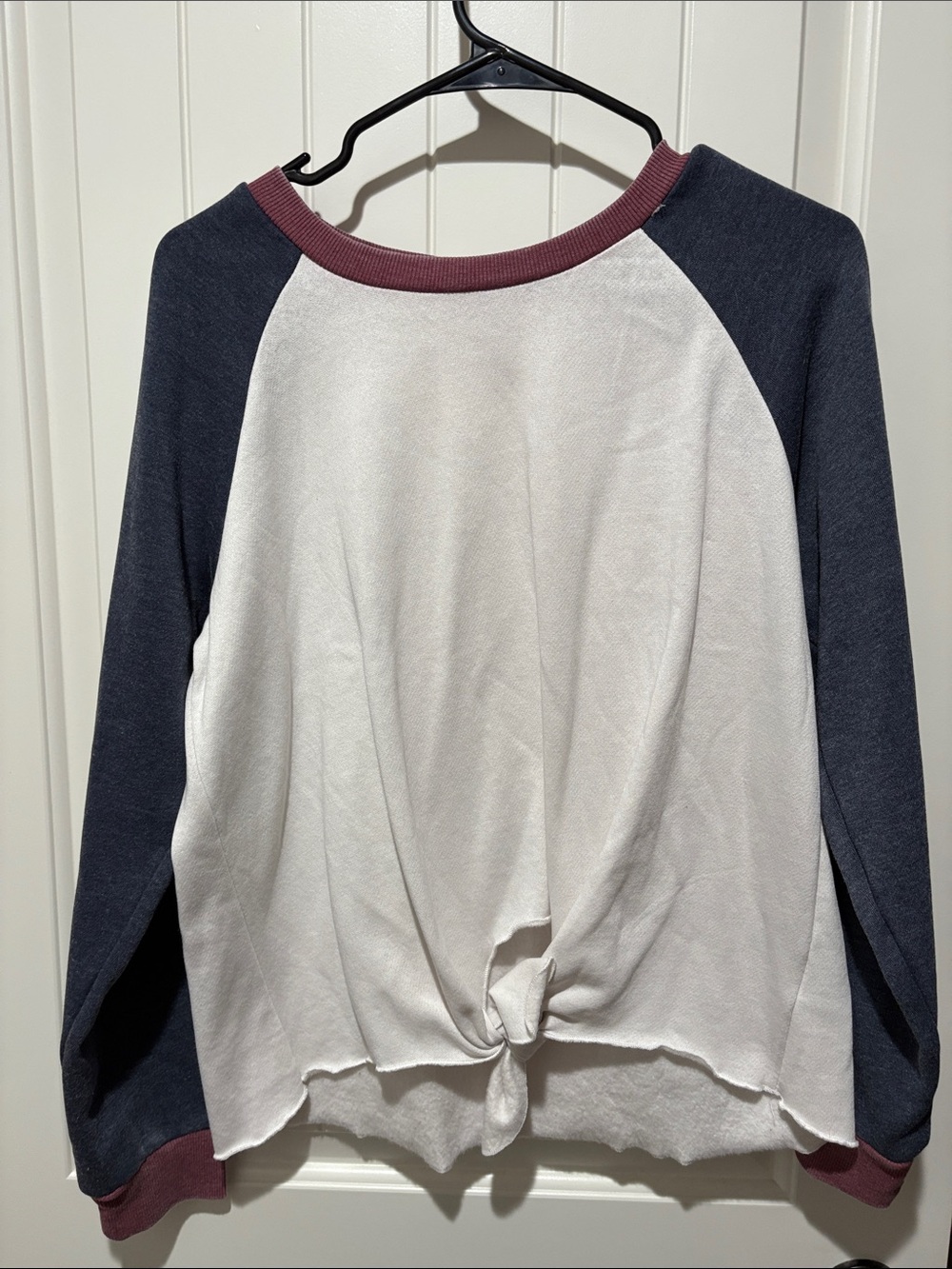 Pink Rose White Front Navy Raglan Long-Sleeve Top with Burgundy Trim